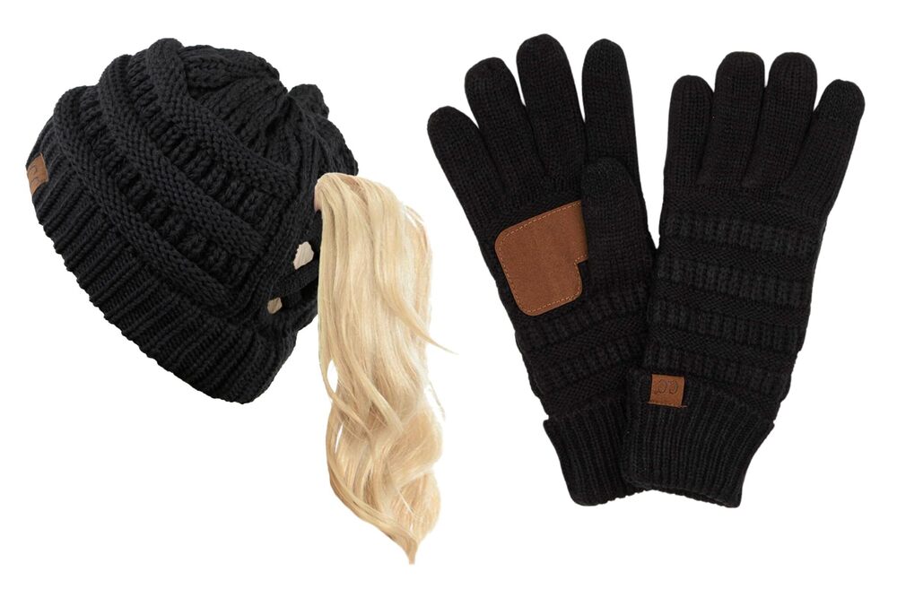 1896 Matching 2 Pk Criss Cross Beanie & Lined Gloves - Black